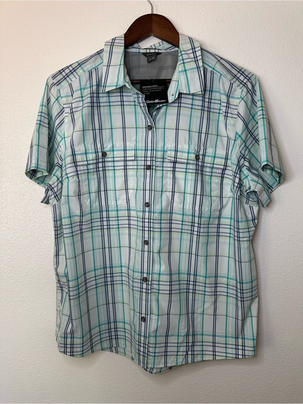 Eddie Bauer Short-Sleeve Plaid Button-Down Shirt - White, Light Blue & Green